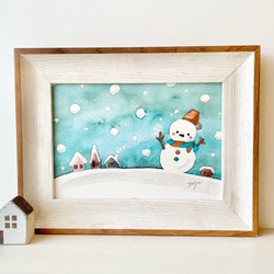 透明水彩画 A4ポスター「冬空の雪だるま」北欧ポスター 北欧インテリア