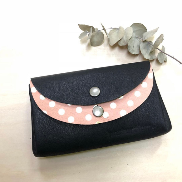 【カラーオーダー】ピッグスキンの小さなお財布　ブラック×みずたまブラック 9枚目の画像