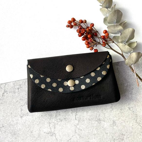 【カラーオーダー】ピッグスキンの小さなお財布　ブラック×みずたまブラック 1枚目の画像