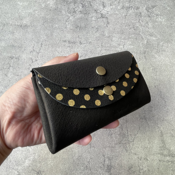 【カラーオーダー】ピッグスキンの小さなお財布　ブラック×みずたまブラック 4枚目の画像