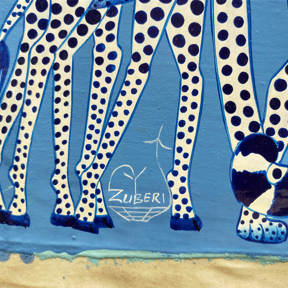 アフリカ絵画『 Light blue leo fam & giraffe 』by Zuberi 30*40cm 5枚目の画像