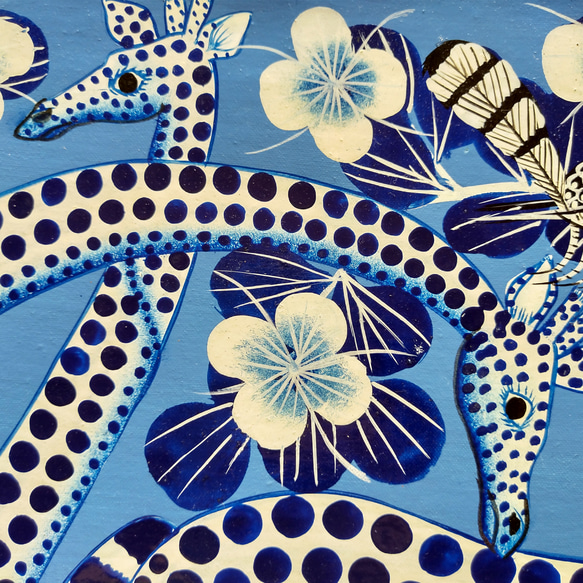 アフリカ絵画『 Light blue leo fam & giraffe 』by Zuberi 30*40cm 4枚目の画像