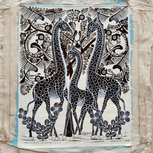 アフリカ絵画『 Giraffe family B/W 』ティンガティンガ by