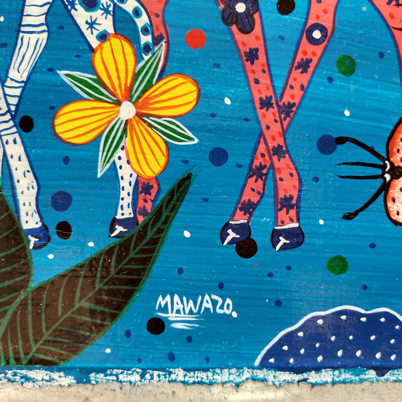アフリカ絵画『 Colorful giraffe family 』ティンガ×２ by Mawazo 28*35cm 4枚目の画像