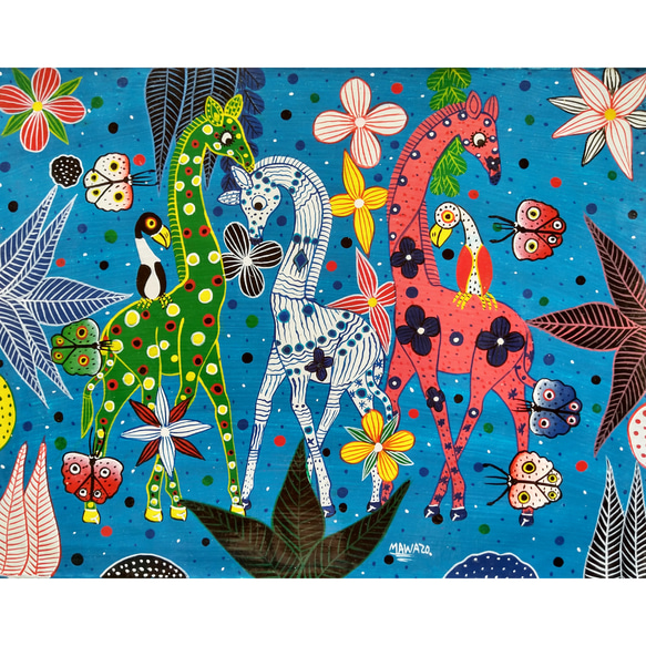 アフリカ絵画『 Colorful giraffe family 』ティンガ×２ by Mawazo 28*35cm 1枚目の画像