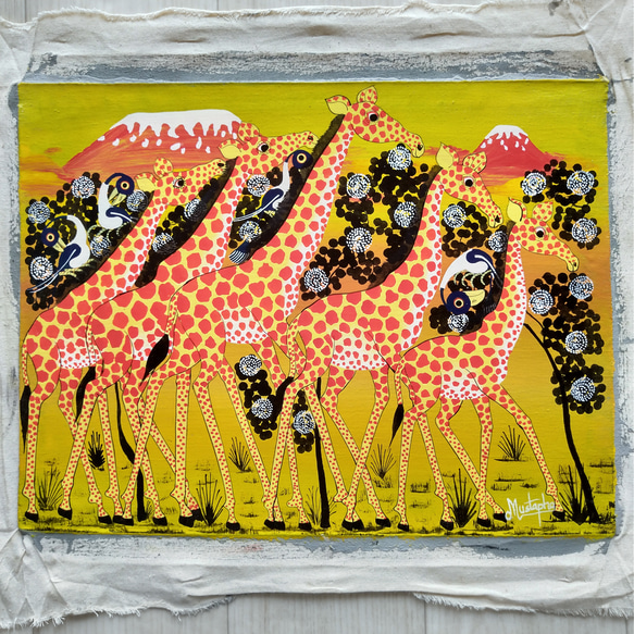 アフリカ絵画『 Kili & twiga5 in yellow 』ティンガ×２ by Mustapha 27*36cm 4枚目の画像