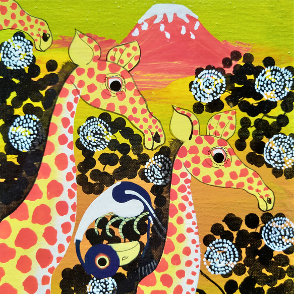 アフリカ絵画『 Kili & twiga5 in yellow 』ティンガ×２ by Mustapha 27*36cm 2枚目の画像