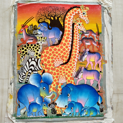 アフリカ絵画『 15 animals at sunset baobab2 』ティンガ×2 by
