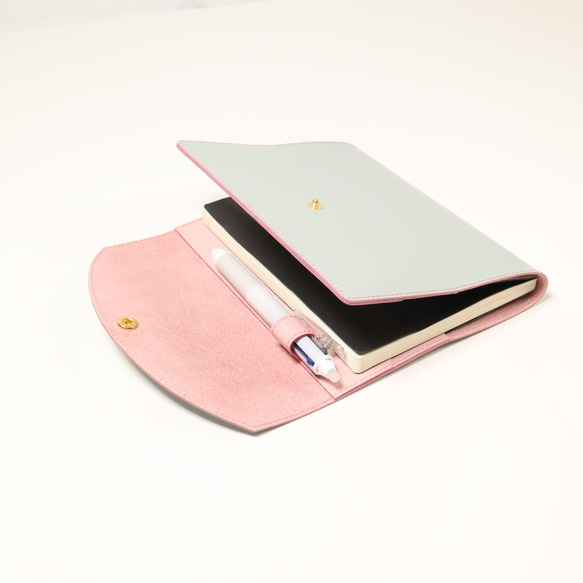 A6 牛革 可愛い 手帳カバー フラップ型 ペールグレーさくら色 手帳