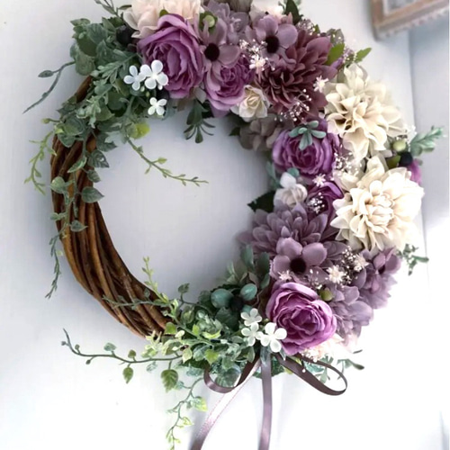パープルローズ&ダリアフラワーリース リース y u u 通販 14690362