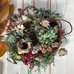 秋色紫陽花と小花の秋リース:ドライフラワーリース リース 花
