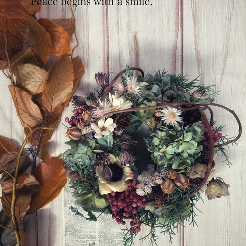 紫陽花と小花のリース 秋色紫陽花と小花の秋リース:ドライフラワーリース リース 花