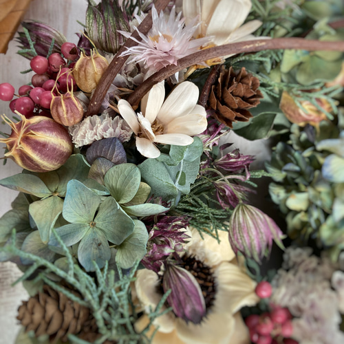 秋色紫陽花と小花の秋リース:ドライフラワーリース リース 花