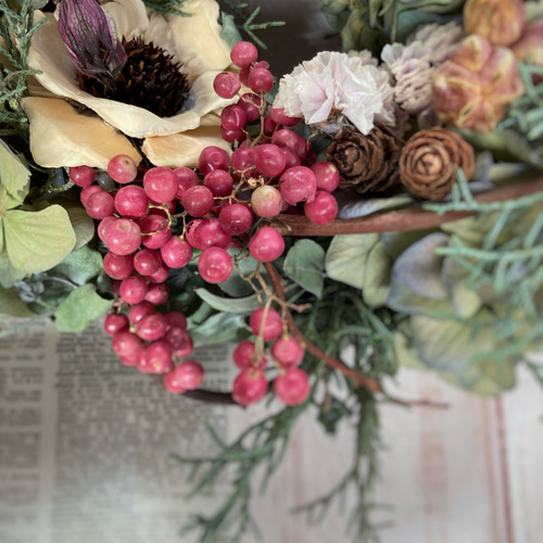 秋色紫陽花と小花の秋リース:ドライフラワーリース リース 花