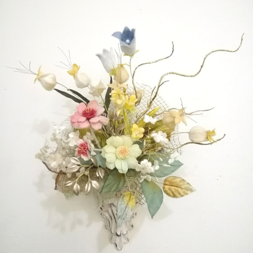 染め布花＊アンティークな百日草の花束・壁掛け 海外不可 アート