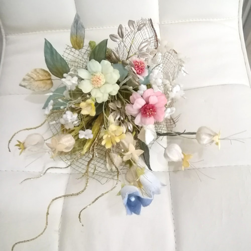 アンティークな百日草の花束＊染め布花の壁掛け 海外不可 アート