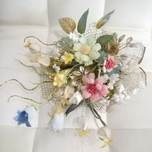 染め布花＊アンティークな百日草の花束・壁掛け 海外不可 アート