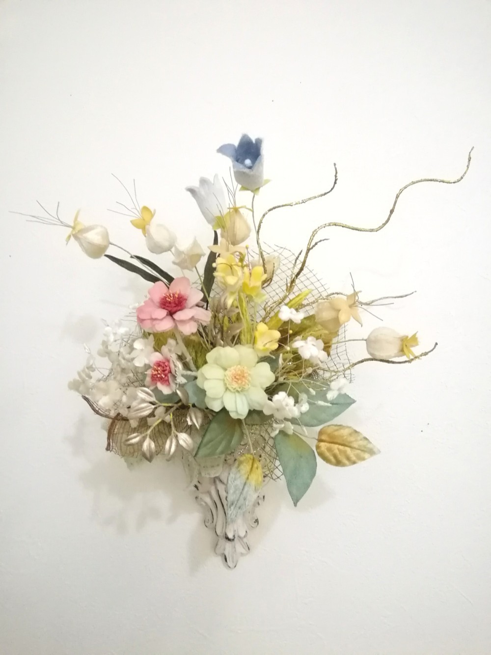 染め布花＊アンティークな百日草の花束・壁掛け　海外不可