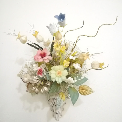 染め布花＊アンティークな百日草の花束・壁掛け 海外不可 アート