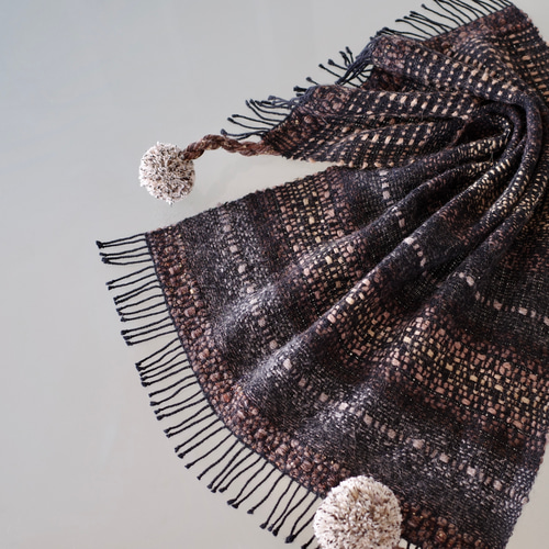 手織り ポイントツイル織 ポンポンマフラー Handwoven TMMS22138