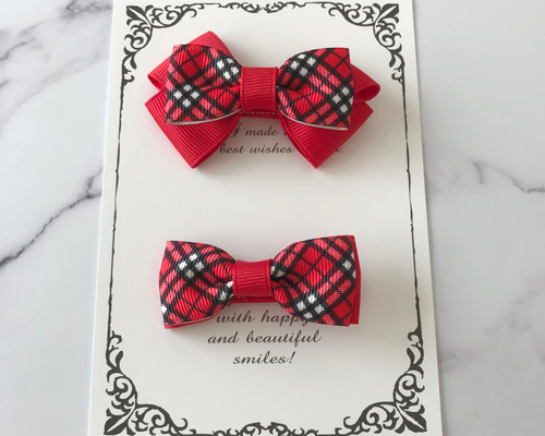 ꫛꫀꪝ【格子柄チェックリボン】ベビーヘアクリップ　キッズヘアクリップ　ヘアピン チェック柄リボンのヘアクリップ2点セット ／ キッズヘア