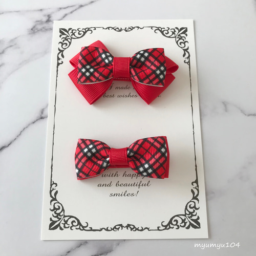 赤いチェック柄リボンのヘアクリップセット ベビー キッズ 滑り止め