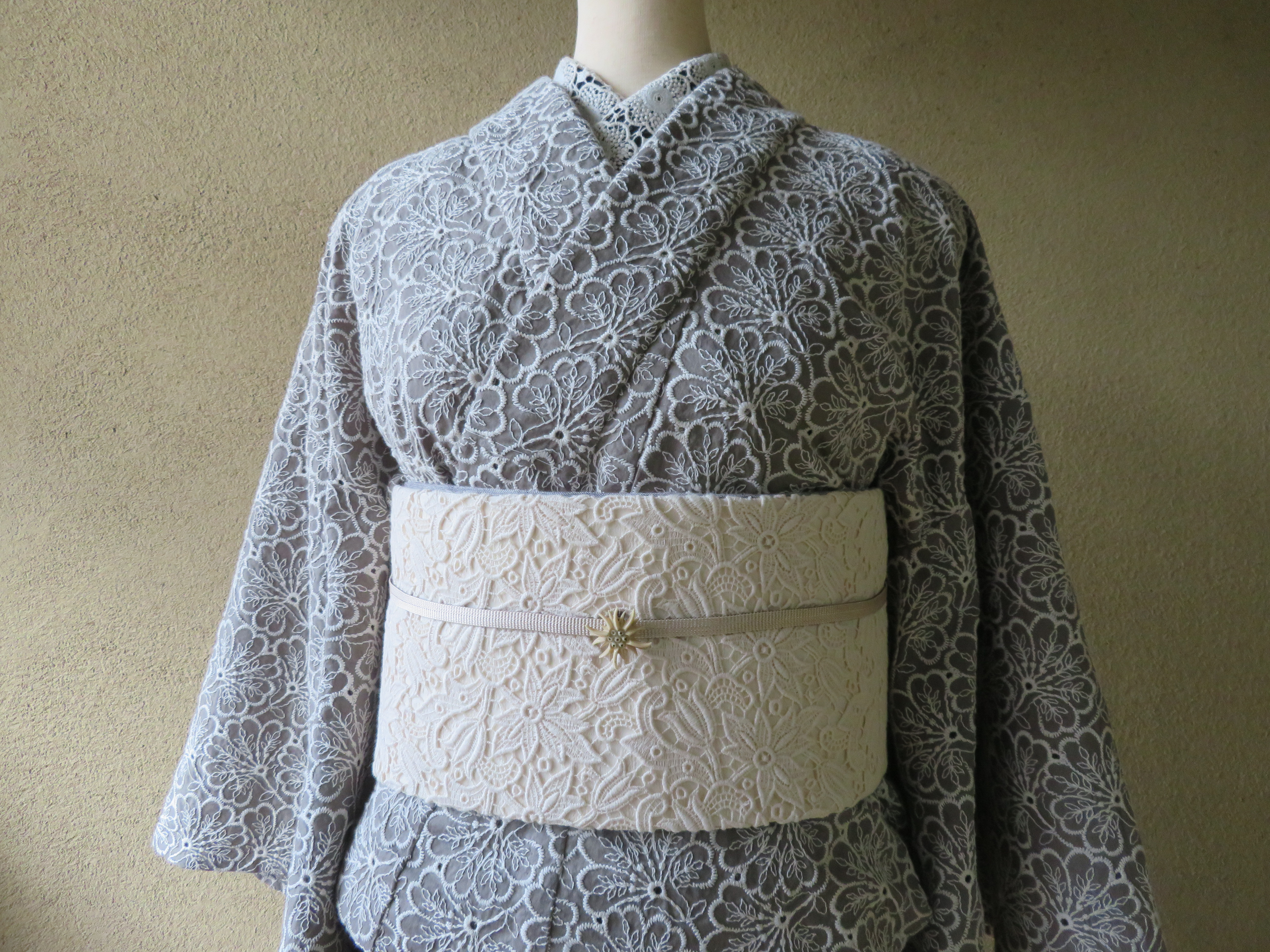 受注制作『ロータス』刺繍レース単衣着物 カーキ☆送料無料