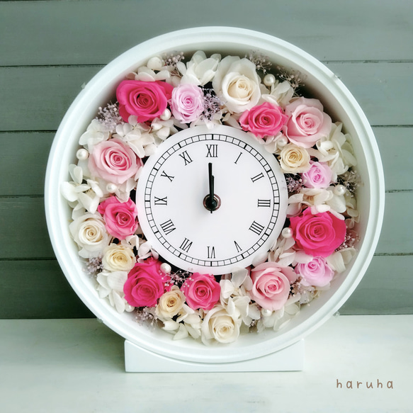 【受注制作】ピンクのバラが華やか可愛い花時計プリザーブドフラワー 結婚お祝い 新築お祝い 銀婚式 金婚式 記念日 2枚目の画像