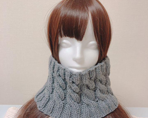 ネックウォーマー グレー 手編み アラン模様 タートル風 つけえり風