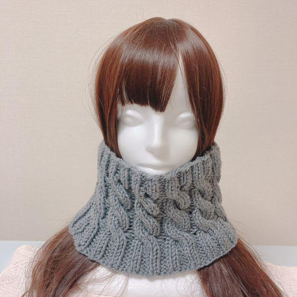 ネックウォーマー グレー 手編み アラン模様 タートル風 つけえり風