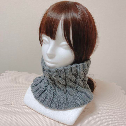 ネックウォーマー グレー 手編み アラン模様 タートル風 つけえり風