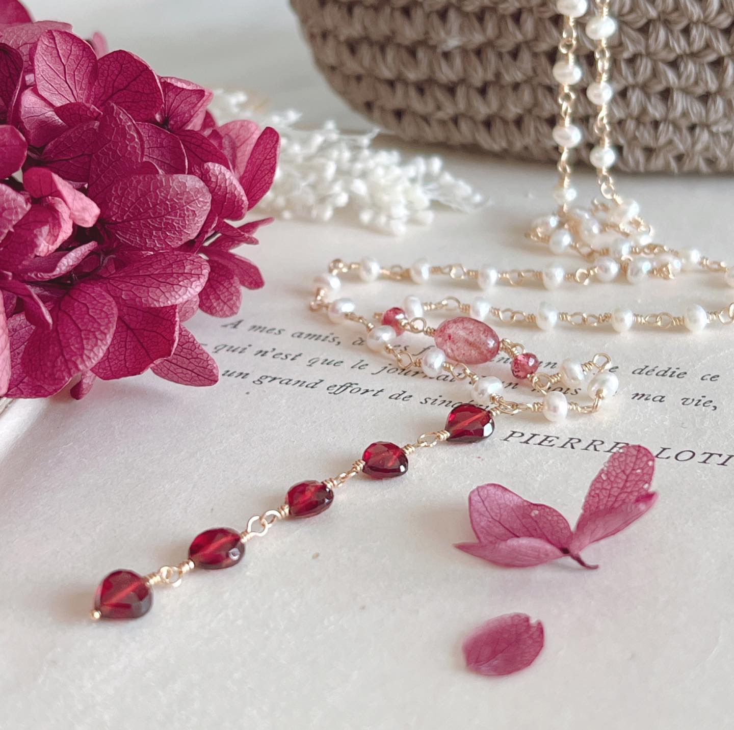 【14kgf】モザンビークガーネット×淡水パール＊Y字ネックレス 9,472円