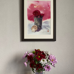 水彩アート「バラと陶器と2枚貝」A4ポスター。 3枚目の画像