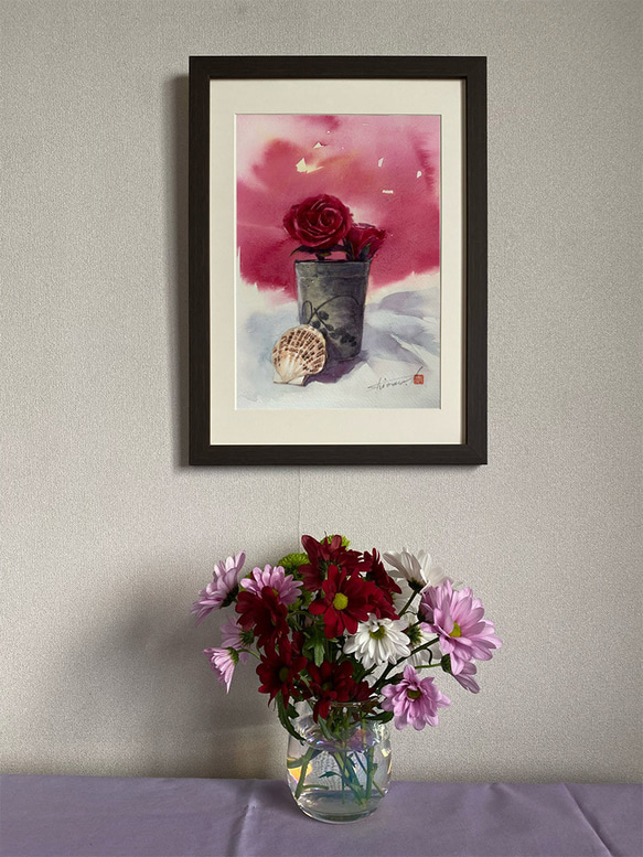 水彩アート「バラと陶器と2枚貝」A4ポスター。 3枚目の画像