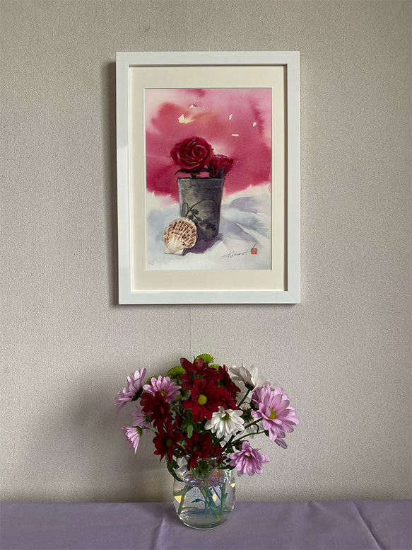 水彩アート「バラと陶器と2枚貝」A4ポスター。 2枚目の画像