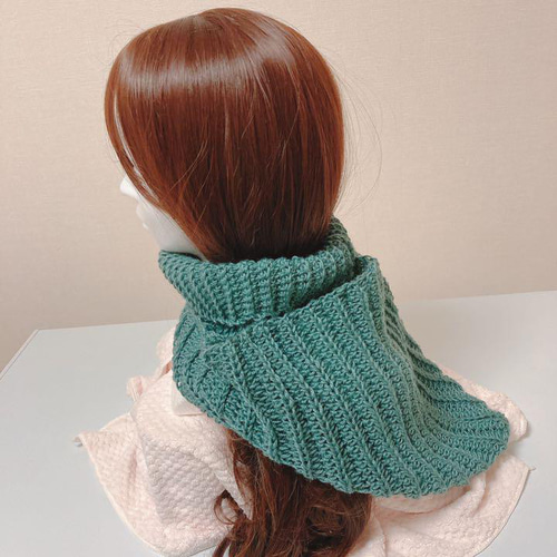 バラクラバ　グリーン　手編み　フード付きネックウォーマー　男女兼用　no.58 バラクラバ グリーン 手編み フード付きネックウォーマー リブ 男女