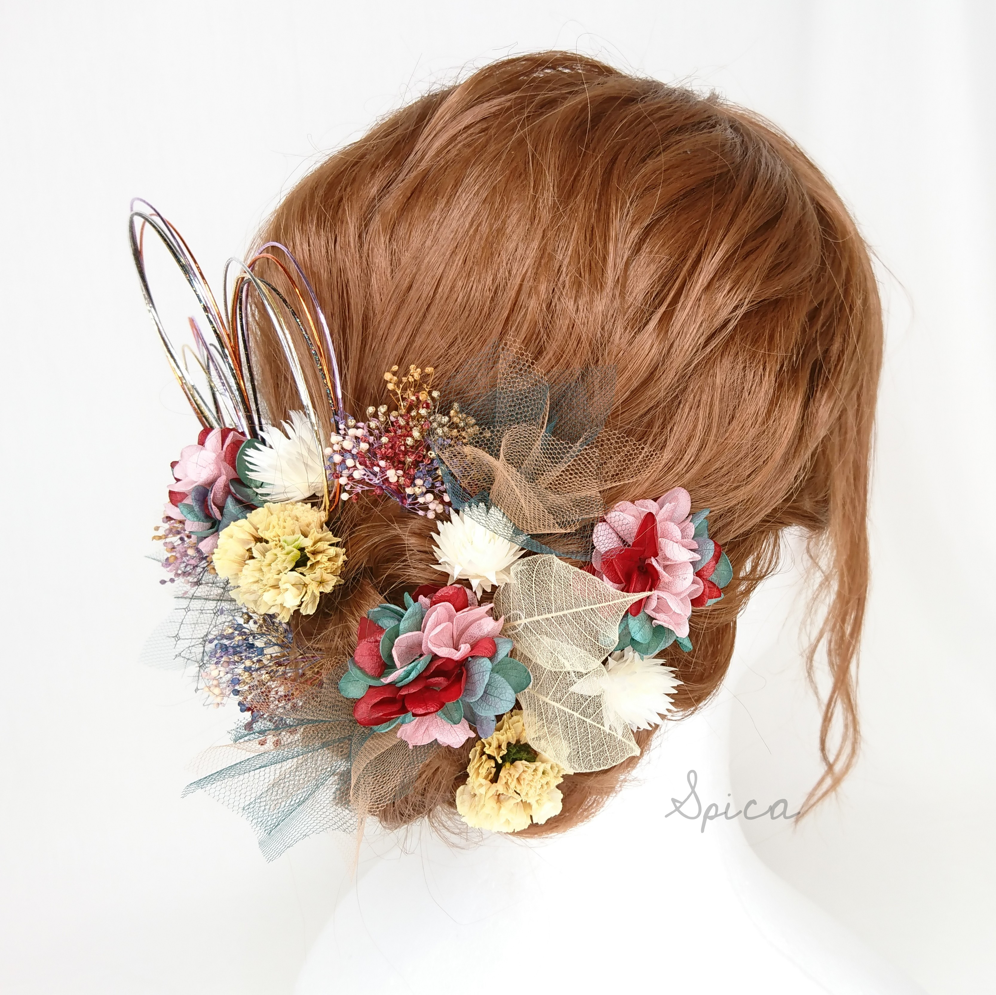 プリザ紫陽花とチュールのヘッドドレス 成人式 卒業式 和風 水引 緑 ボルドー 黄色 ドライフラワー 袴 打掛 和装