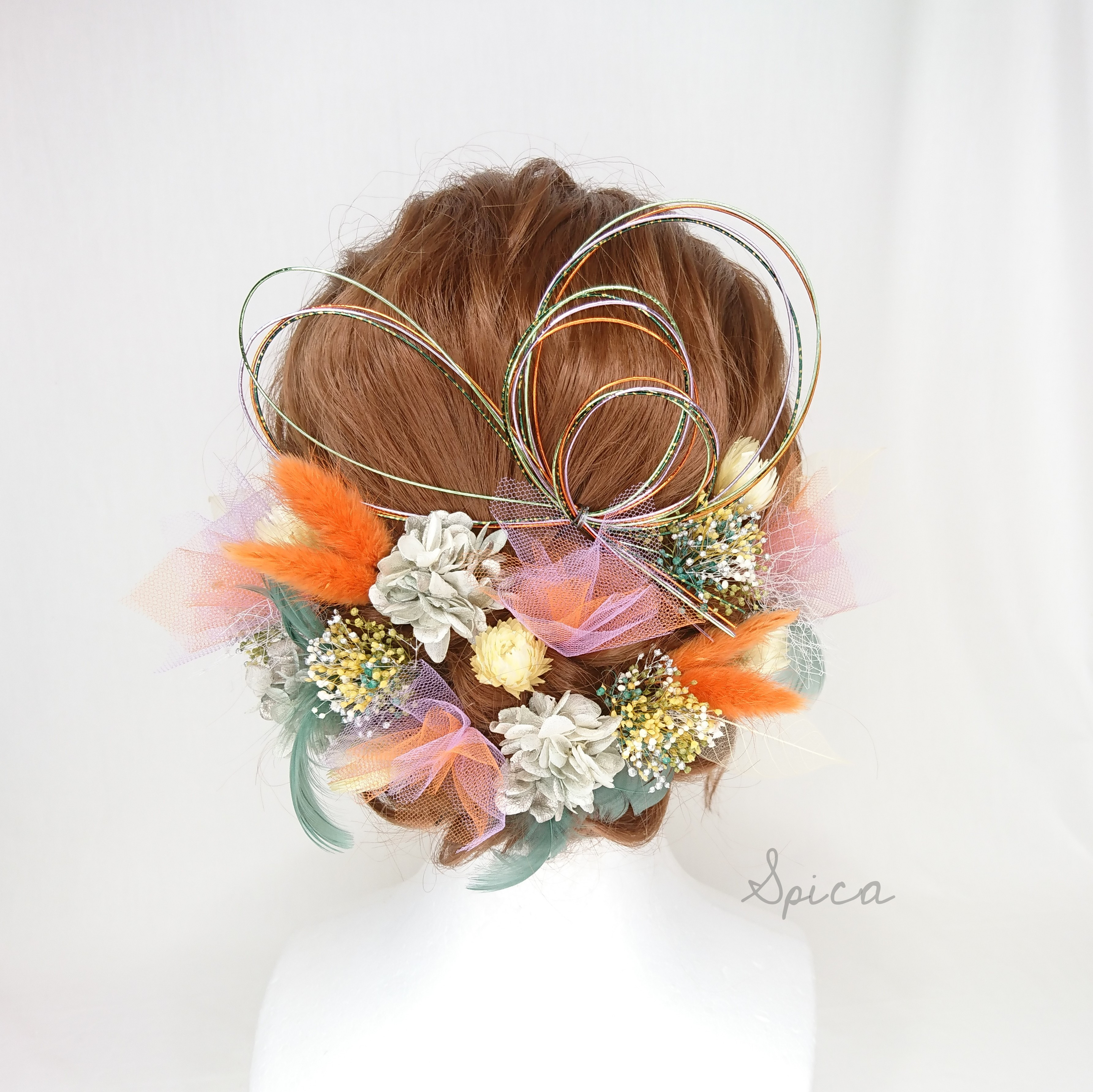 プリザ紫陽花とチュールのヘッドドレス 成人式 卒業式 水引　ウエディング 緑 フェザー オレンジ 紫 袴 打掛 髪飾り