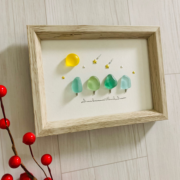 シーグラスアート インテリア雑貨 北欧 パネル 海の宝石 観葉植物  癒しの森 流星群 満月 アート 誕生日プレゼント 1枚目の画像