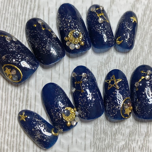 ☆オーダー可☆星空ネイル オーバル ネイビー 青 ニュアンスネイル