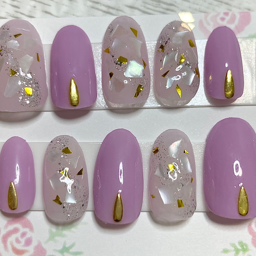 ネイルチップ 成人式 ニュアンス 紫 フルオーダーネイル ネイルチップオーダー ☆オーダー可☆ラベンダー×シェルネイル シンプル オフィス 紫