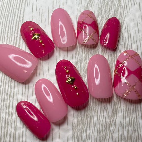 ☆オーダー可☆アーガイルチェックネイル ピンク 赤 チェック