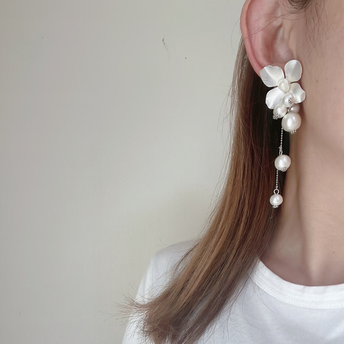 904 再販 シルバー パール フラワー ハンドメイド ピアス イヤリング