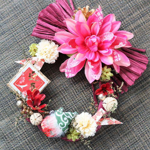 特別価格】しめ縄#4ダリア②ピンクお正月しめ縄リースしめ飾り