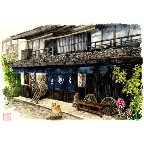 FP16 絵画 額絵 プリント画 アンティーク調 水辺の家と少女 サイン有り