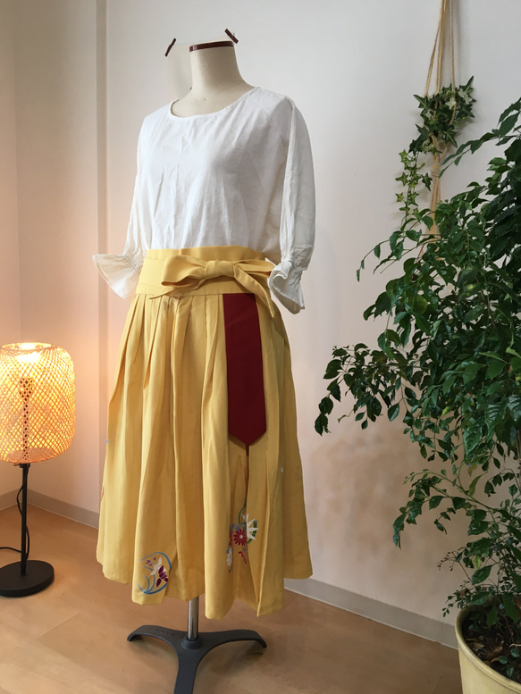 【世界最初】手描き友禅ロールスカート（黄色 / 日本産シルク100％） 