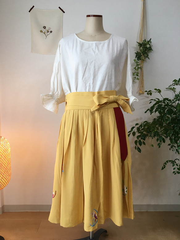 【世界最初】手描き友禅ロールスカート（黄色 / 日本産シルク100％） 