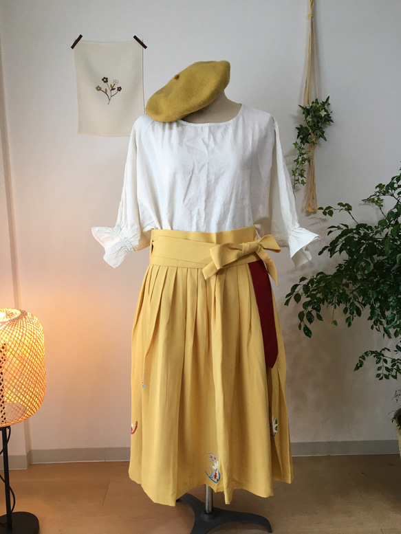 【世界最初】手描き友禅ロールスカート（黄色 / 日本産シルク100％） 