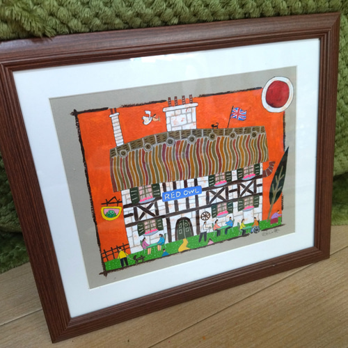 奥村ユズル　水彩画原画　英国パブ「赤いフクロウ」 奥村ユズル水彩画原画英国パブ「赤いフクロウ」