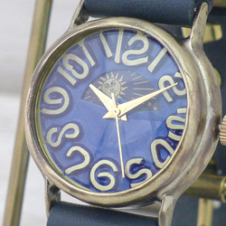 "Plain-B-S&M" ブルー文字盤 32mmBrass(真鍮) Sun&Moon 手作り腕時計 [352S&M] 2枚目の画像